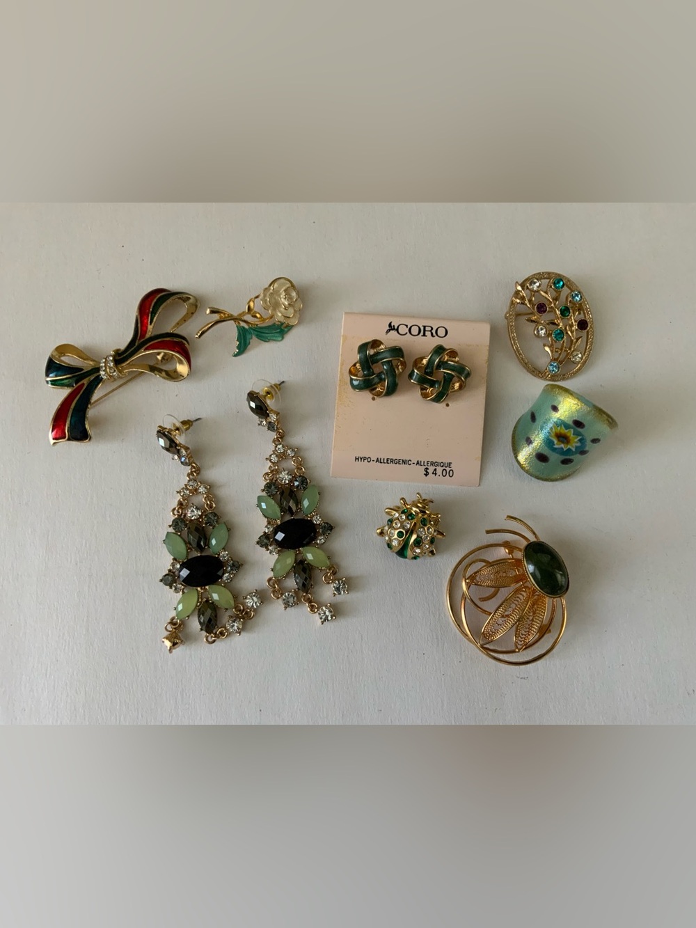 Coro Gold-Tone and Green Enamel Knot Clip Earrings